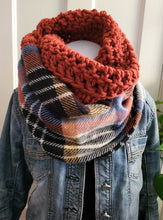 Load image into Gallery viewer, Burnt Orange Crochet + Plaid Infinity Scarf