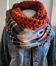 Load image into Gallery viewer, Burnt Orange Crochet + Plaid Infinity Scarf