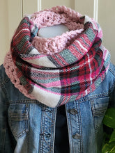 Load image into Gallery viewer, Blush Elegance Handcrafted Crochet & Plaid Infinity Scarf
