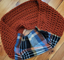 Load image into Gallery viewer, Burnt Orange Crochet + Plaid Infinity Scarf