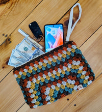 Load image into Gallery viewer, Crochet Wristlet Purse – Fall Granny Square Clutch
