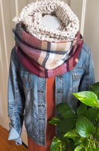 Load image into Gallery viewer, Burgundy and Oatmeal Plaid Infinity Scarf
