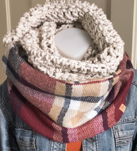 Load image into Gallery viewer, Burgundy and Oatmeal Plaid Infinity Scarf
